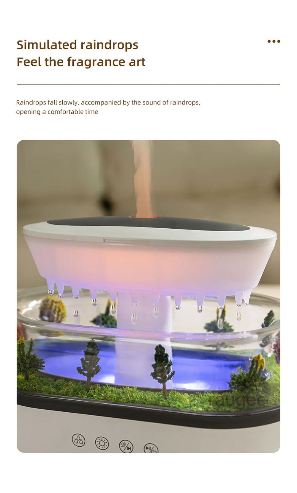 Raindrop Aroma Humidifier with LED Light and White Noise – Ultrasonic Essential Oil Diffuser