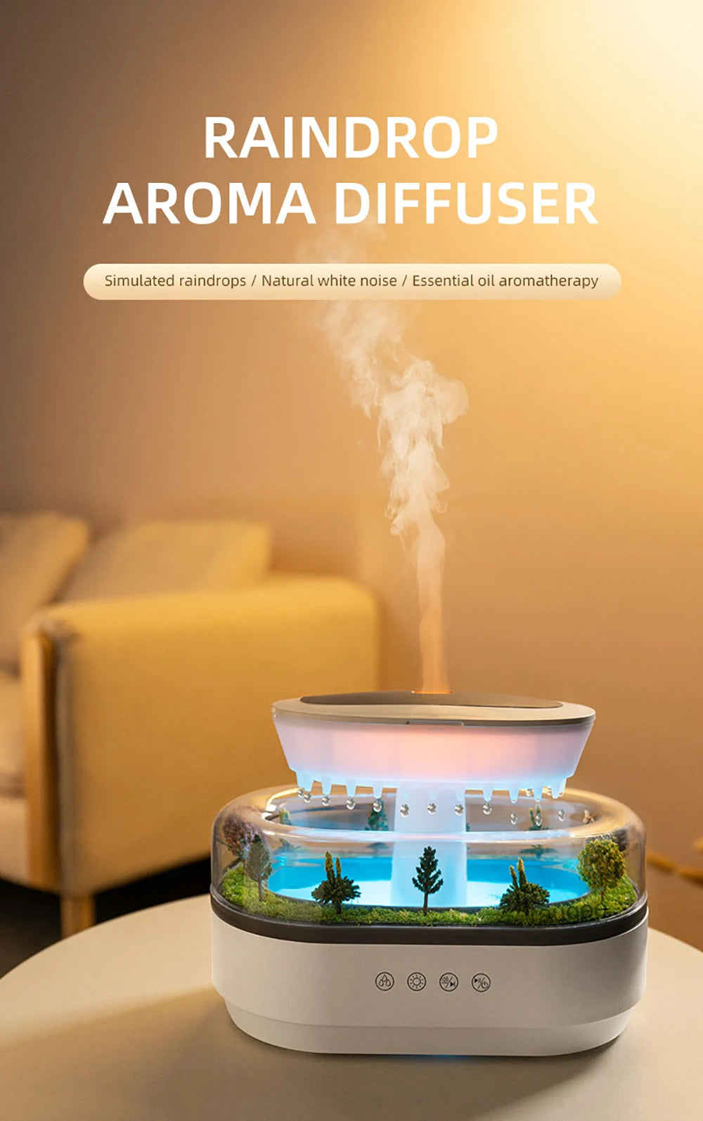 Raindrop Aroma Humidifier with LED Light and White Noise – Ultrasonic Essential Oil Diffuser