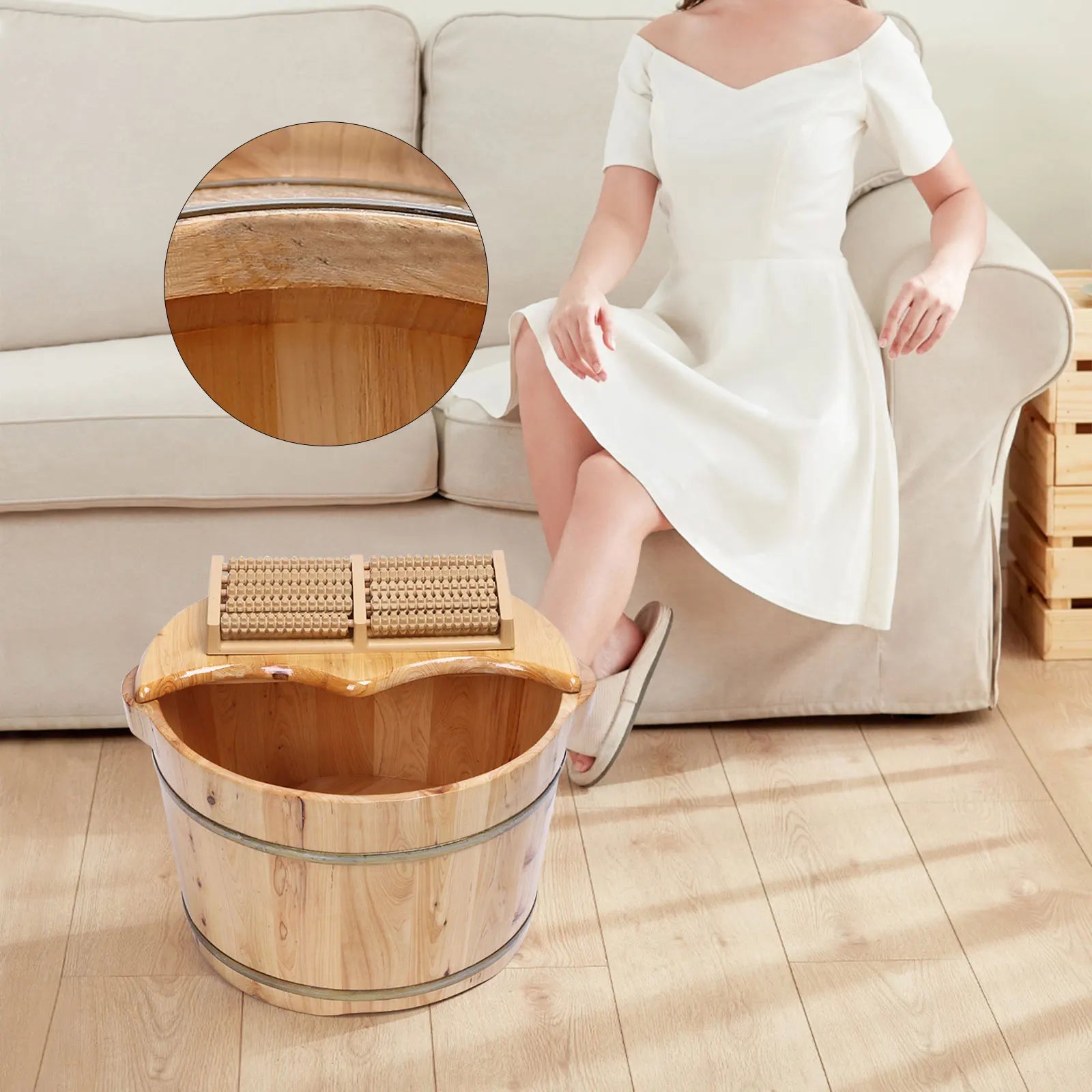 Cedar Wood Foot Bath Tub with Lid & Massager