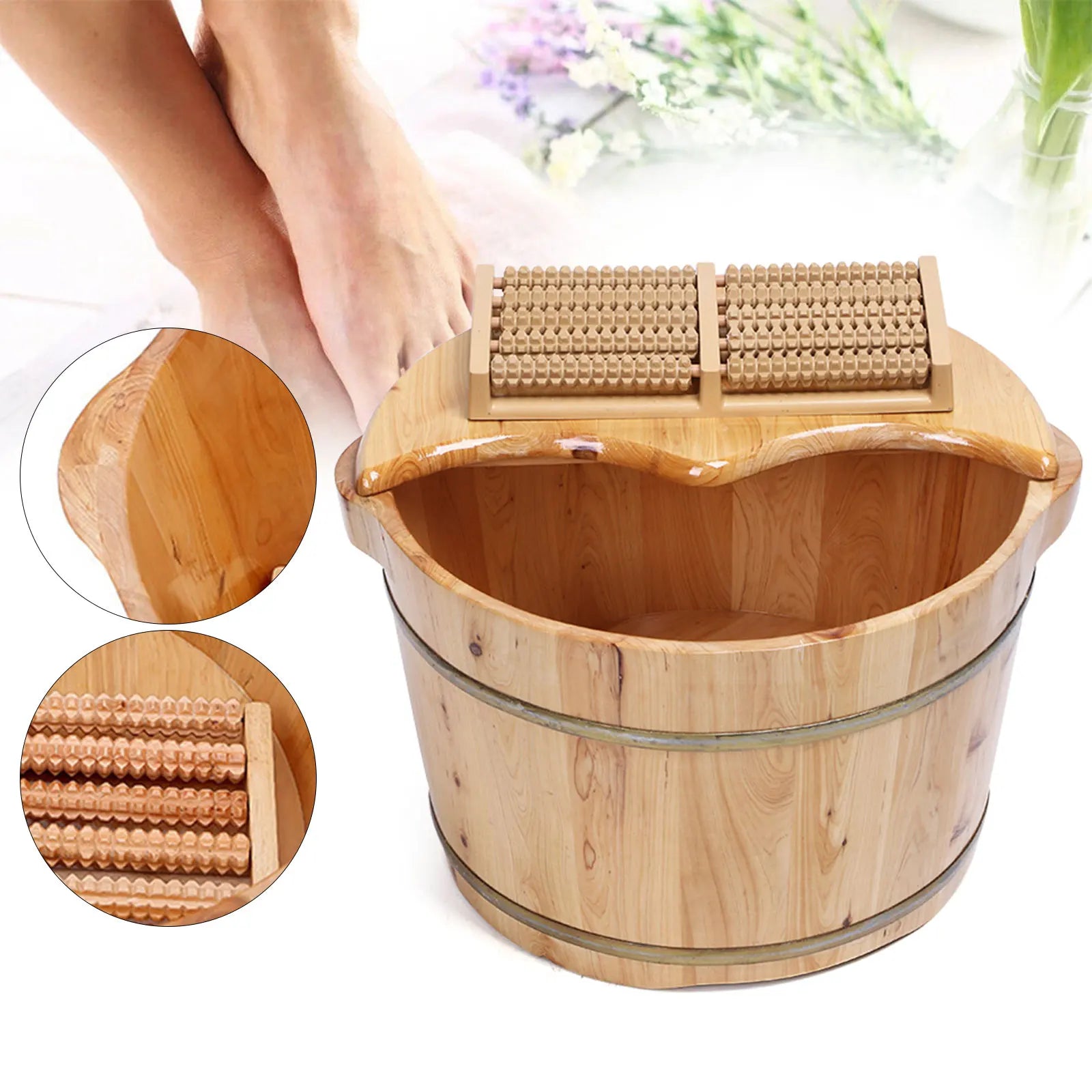 Cedar Wood Foot Bath Tub with Lid & Massager