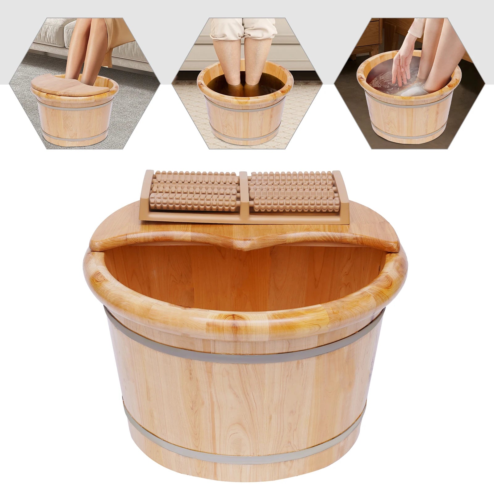 Cedar Wood Foot Bath Tub with Lid & Massager