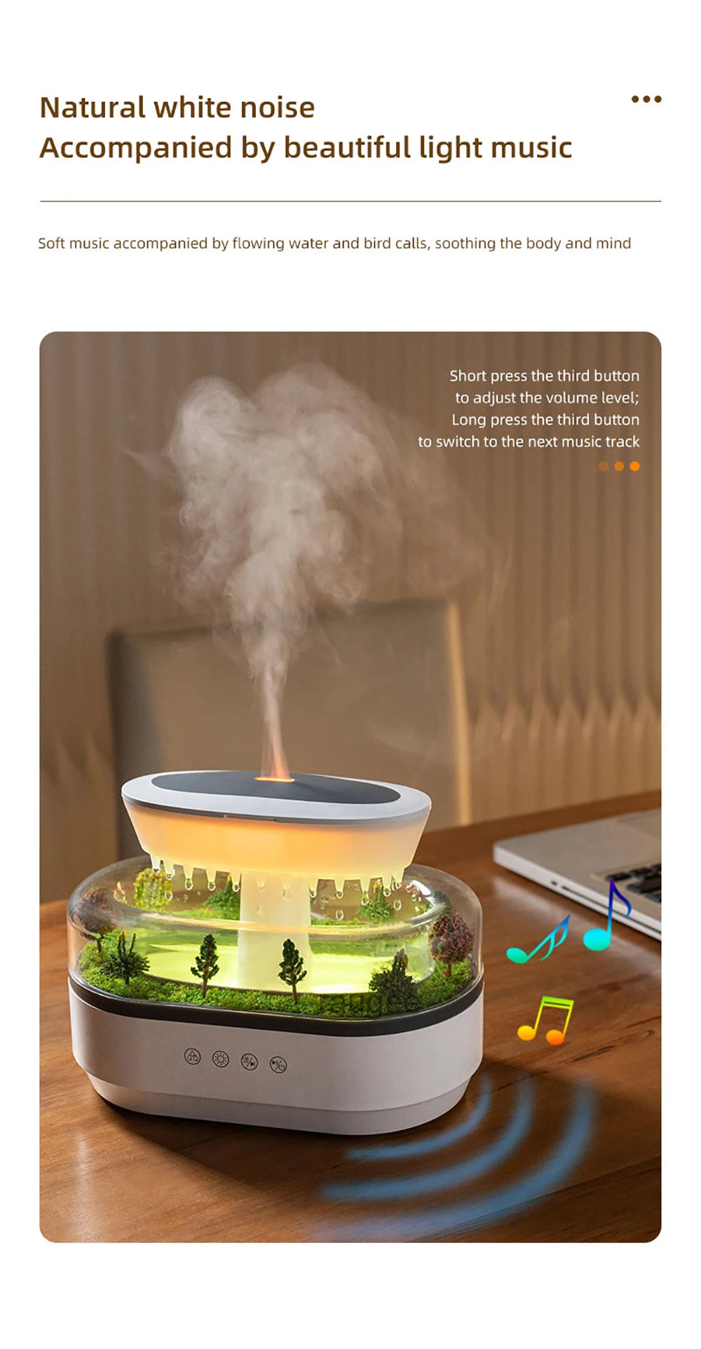 Raindrop Aroma Humidifier with LED Light and White Noise – Ultrasonic Essential Oil Diffuser