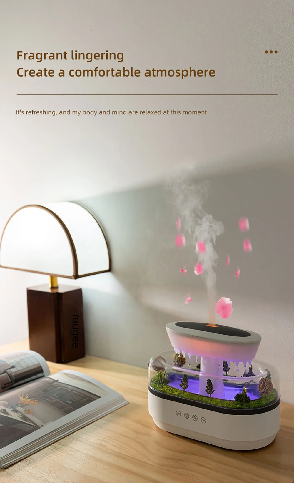 Raindrop Aroma Humidifier with LED Light and White Noise – Ultrasonic Essential Oil Diffuser