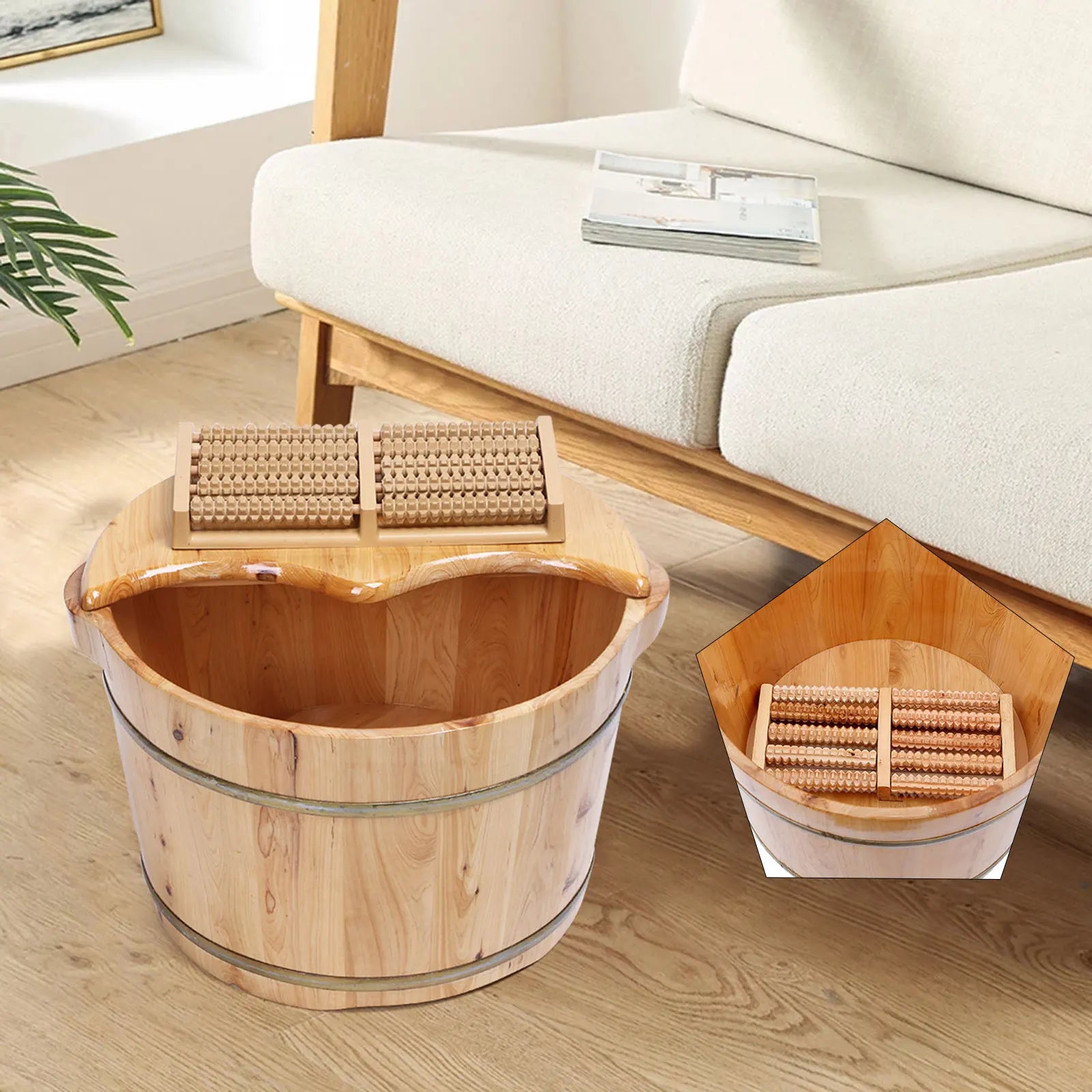 Cedar Wood Foot Bath Tub with Lid & Massager